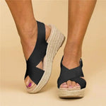 Women’s orthopaedic wedge espadrilles in black with cushioned footbed, stylish and supportive for everyday wear.3