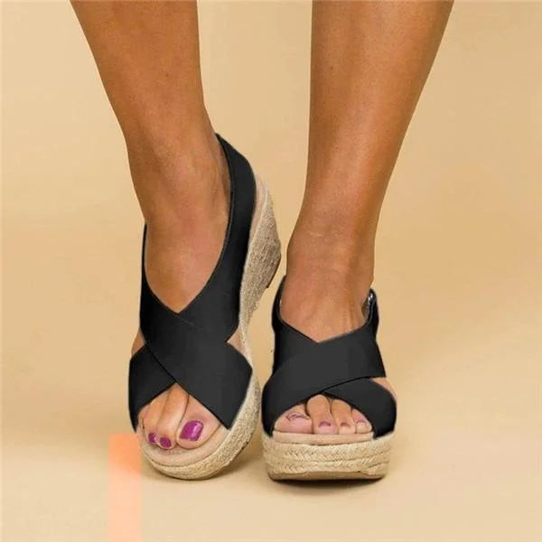 Women’s orthopaedic wedge espadrilles in black with cushioned footbed, stylish and supportive for everyday wear.4