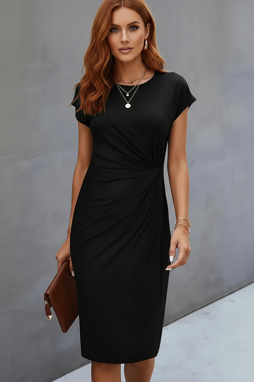 Women’s black midi dress with flattering silhouette and comfortable fit for formal and everyday outfits.