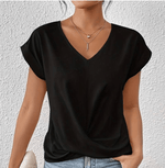 Women’s black tummy-tucking V-neck top with sculpting silhouette and comfortable stretch fit.