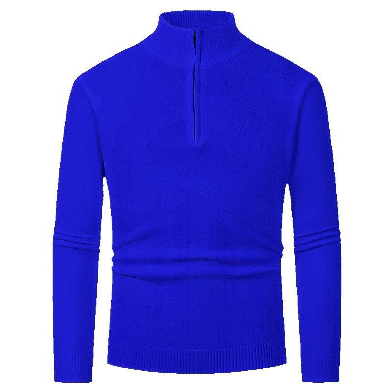 Men’s merino wool zip sweater in blue with modern knit design, warm and stylish for business and smart casual outfits.