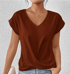 Women’s brown tummy-tucking V-neck top with soft stretch material and flattering shape