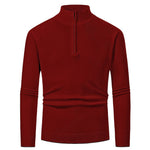 Men’s merino wool zip sweater in burgundy with modern knit design, warm and stylish for business and smart casual outfits.