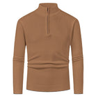 Men’s merino wool zip sweater in caramel with modern knit design, warm and stylish for business and smart casual outfits.
