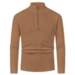 Men’s merino wool zip sweater in caramel with modern knit design, warm and stylish for business and smart casual outfits.
