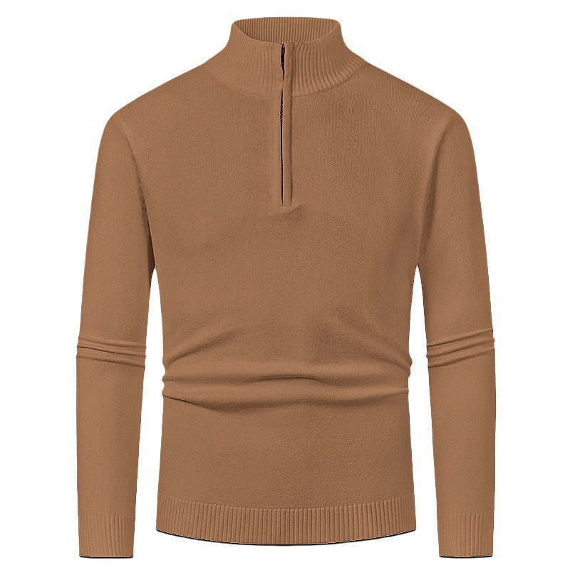 Men’s merino wool zip sweater in caramel with modern knit design, warm and stylish for business and smart casual outfits.
