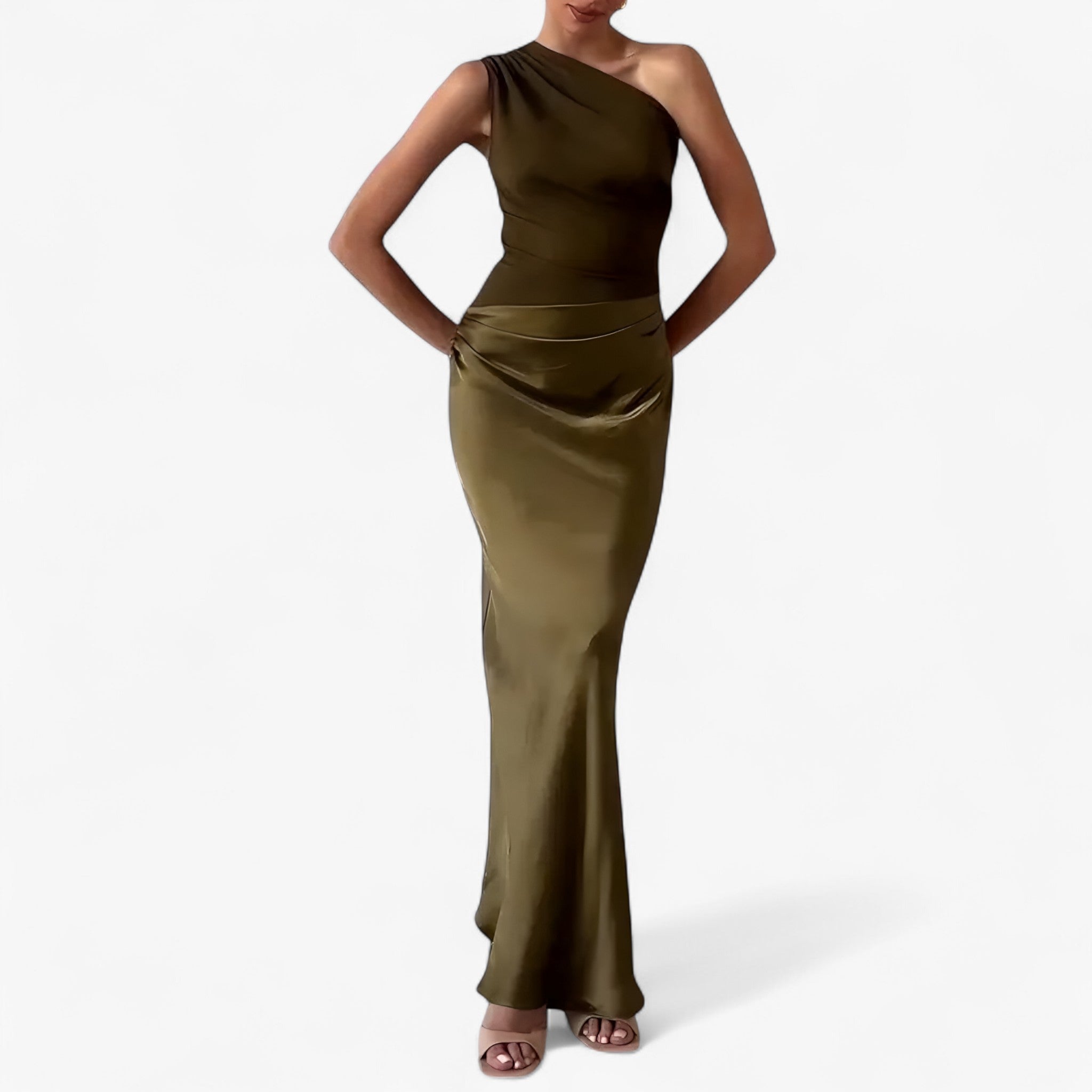 Women’s asymmetric maxi dress in dark green with delicate pleats, flowing and elegant for weddings and formal events.1