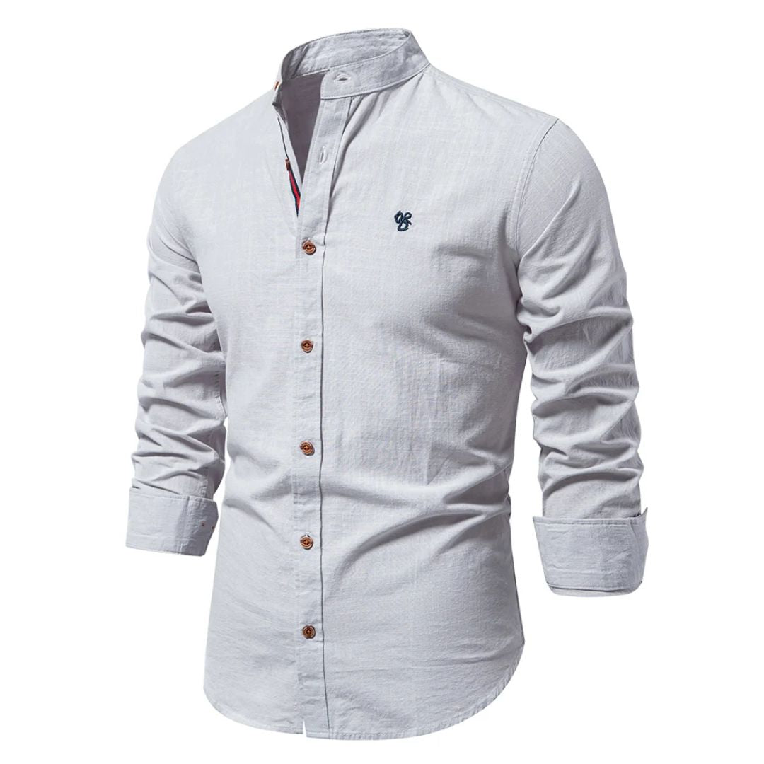 Men’s traditional shirt in gray with classic button design, comfortable and stylish for smart casual and business wear.
