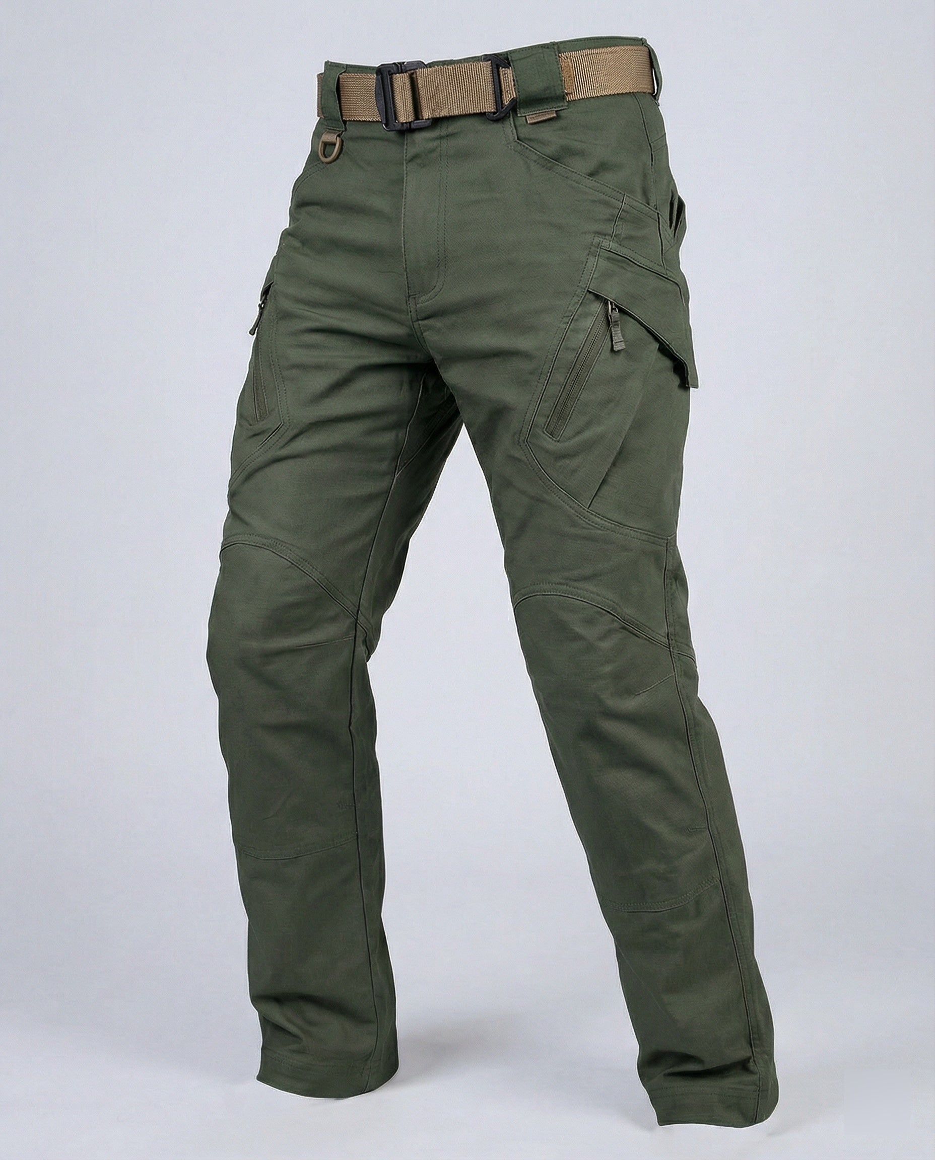 Men’s outdoor pants in olive green with weather-resistant fabric, ergonomic design, and elastic cuffs for trekking, hiking, and climbing.