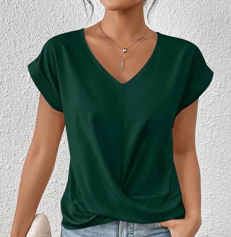 Women’s green tummy-tucking V-neck top with flattering fit and stretch fabric for elegant everyday wear.