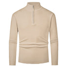 Men’s merino wool zip sweater in khaki with modern knit design, warm and stylish for business and smart casual outfits.