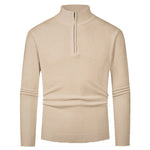 Men’s merino wool zip sweater in khaki with modern knit design, warm and stylish for business and smart casual outfits.