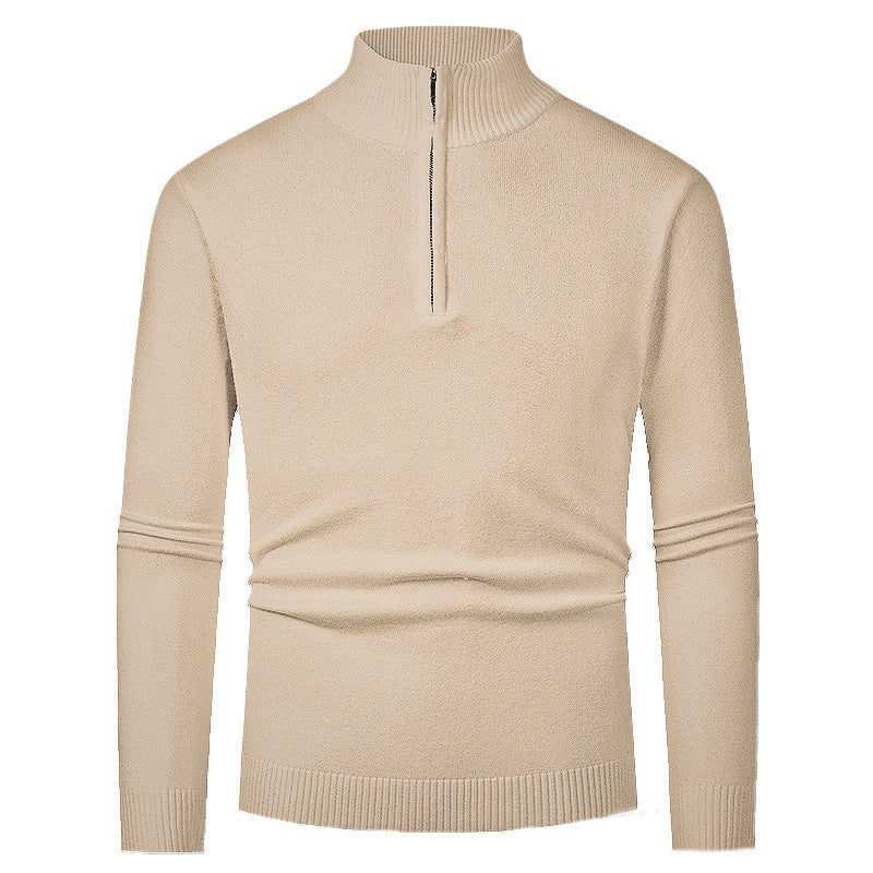 Men’s merino wool zip sweater in khaki with modern knit design, warm and stylish for business and smart casual outfits.