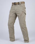 Men’s outdoor pants in khaki with weather-resistant fabric, ergonomic design, and elastic cuffs for trekking, hiking, and climbing.