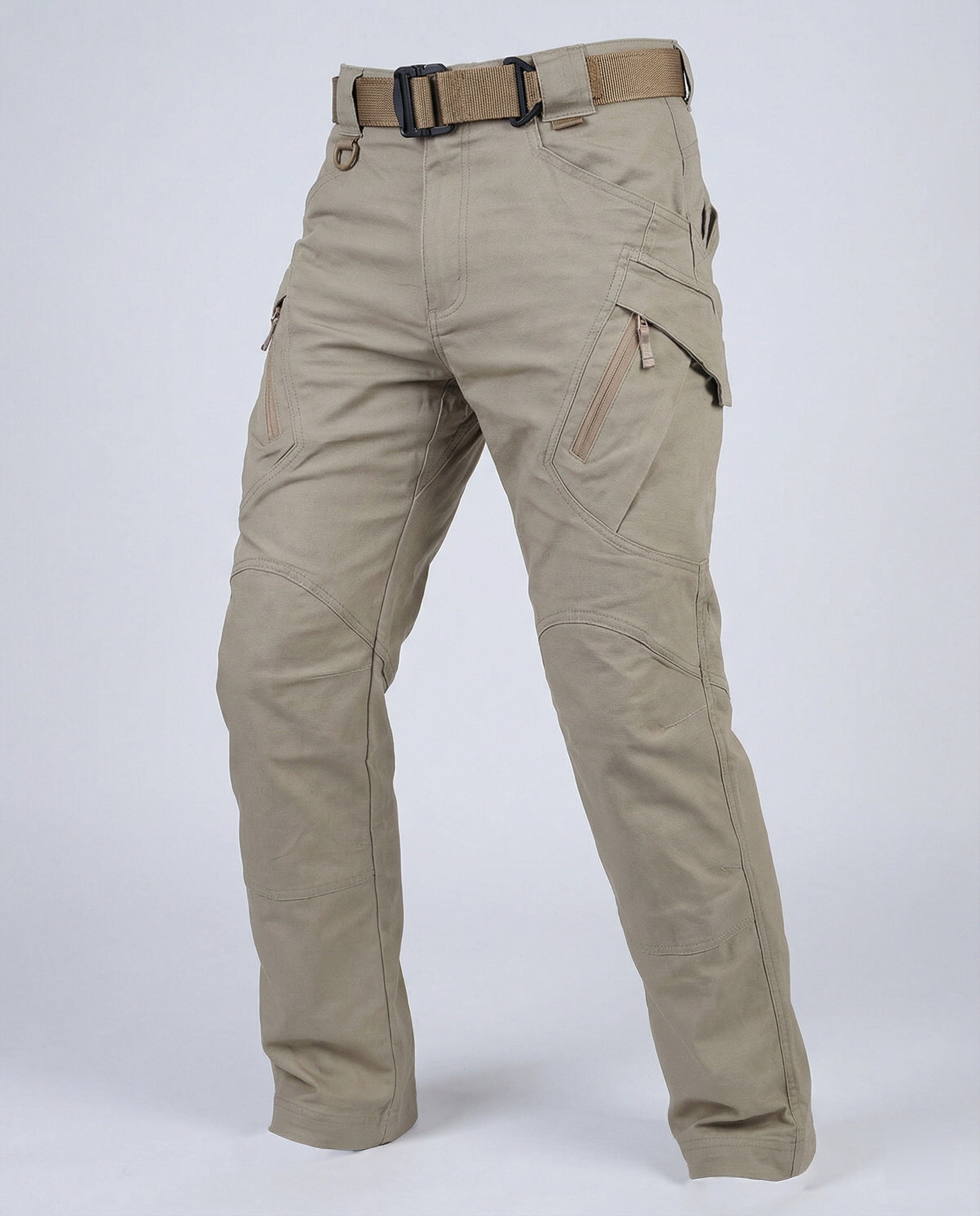 Men’s outdoor pants in khaki with weather-resistant fabric, ergonomic design, and elastic cuffs for trekking, hiking, and climbing.