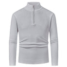 Men’s merino wool zip sweater in light gray with modern knit design, warm and stylish for business and smart casual outfits.1