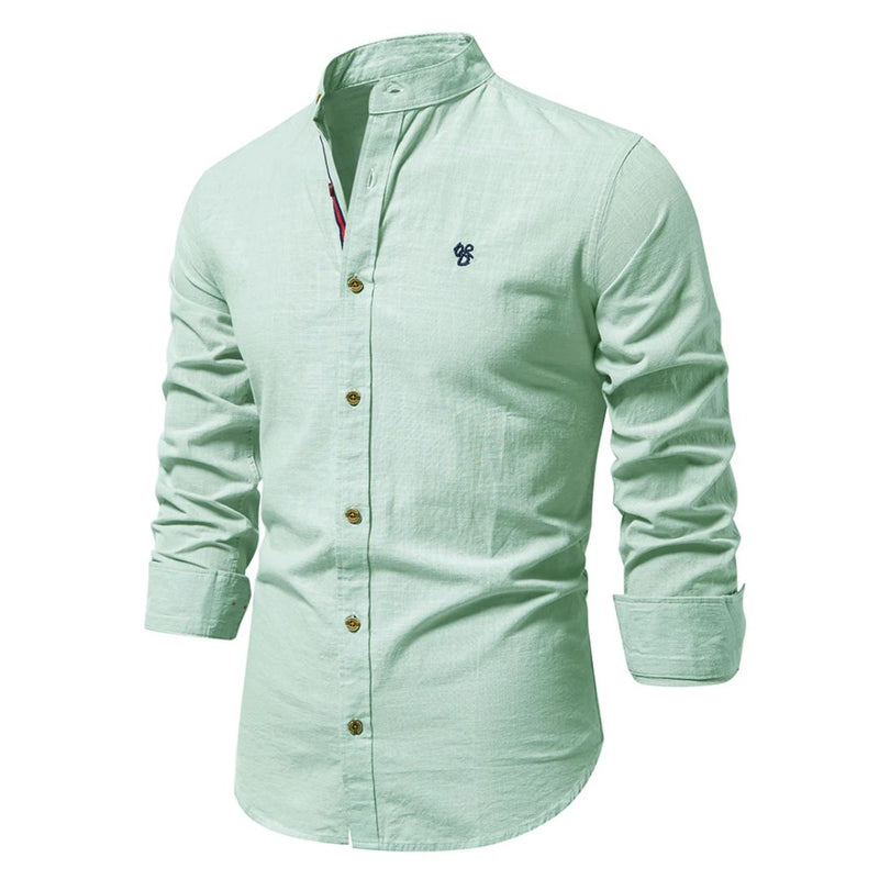 Men’s traditional shirt in light green with classic button design, comfortable and stylish for smart casual and business wear.