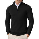 Black quarter-zip sweater worn by a person on a white background