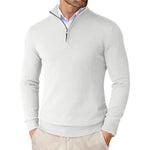 Light gray quarter-zip sweater worn by a person on a white background