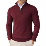 Maroon quarter-zip sweater worn by a person on a white background