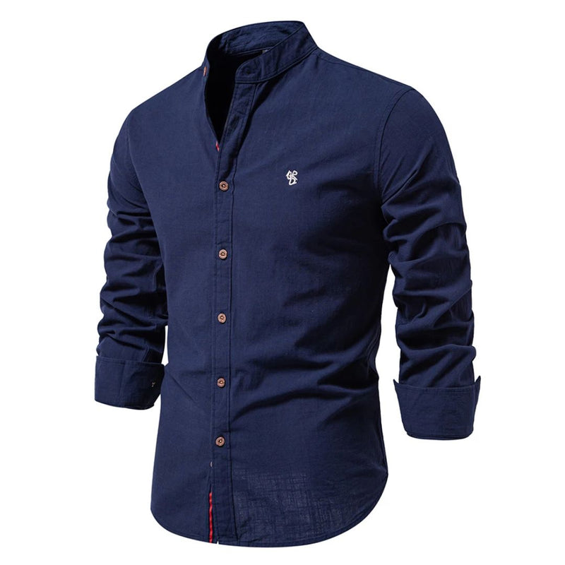 Men’s traditional shirt in navy blue with classic button design, comfortable and stylish for smart casual and business wear.