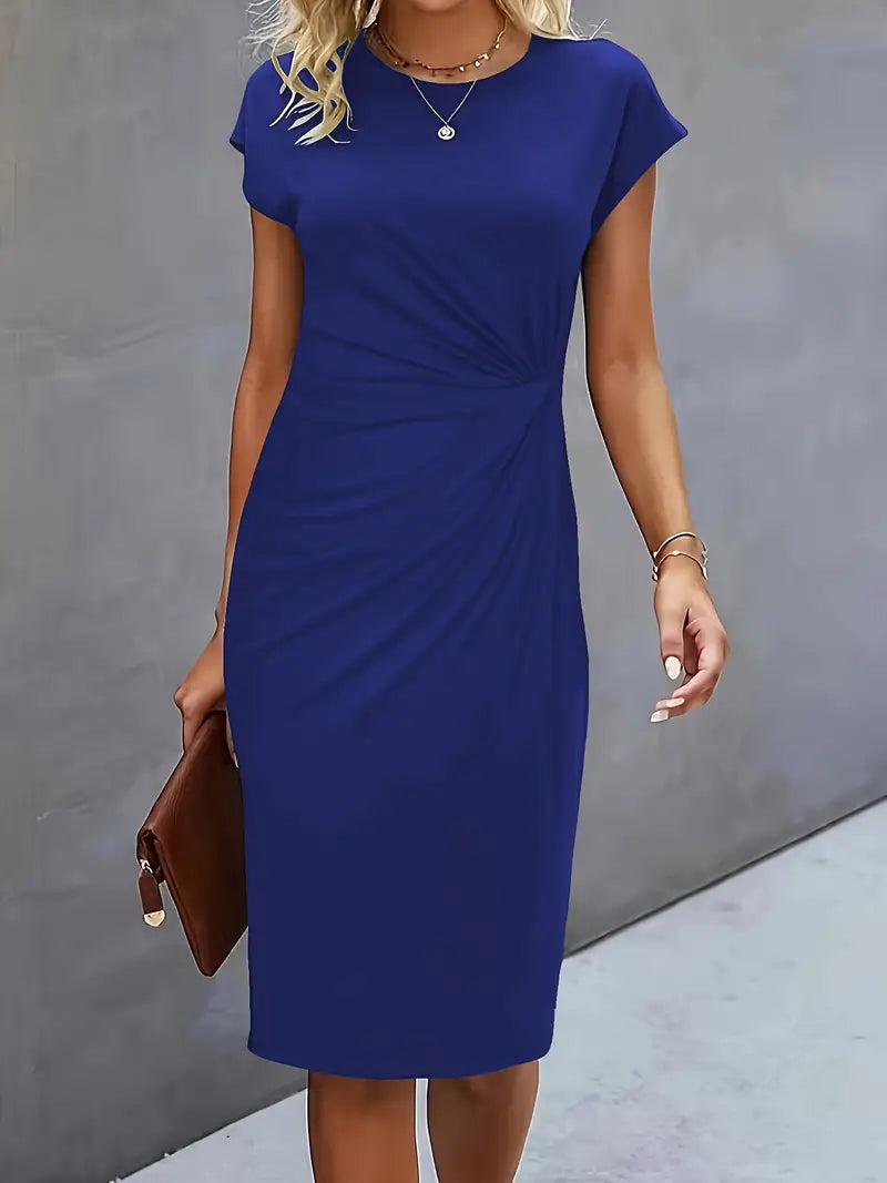 Women’s navy blue midi dress with round neckline and flattering silhouette for stylish outfits.