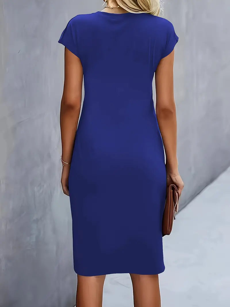 Women’s navy blue midi dress with round neckline and flattering silhouette for stylish outfits.1