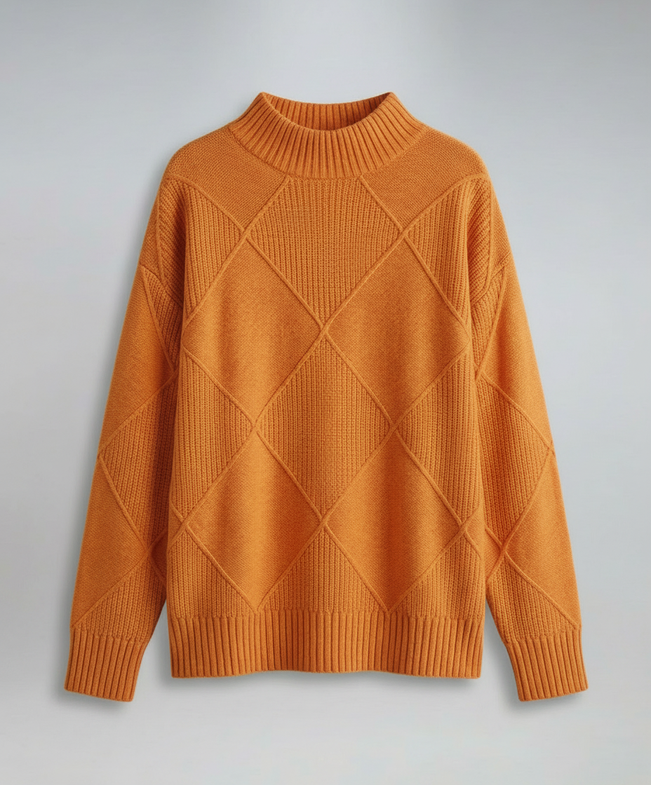 Women’s soft turtleneck sweater in orange, warm and comfortable, stylish for casual and elegant winter outfits.