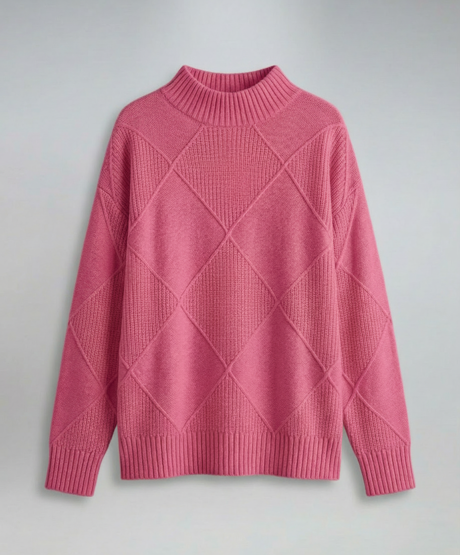 Women’s soft turtleneck sweater in pink, warm and comfortable, stylish for casual and elegant winter outfits.