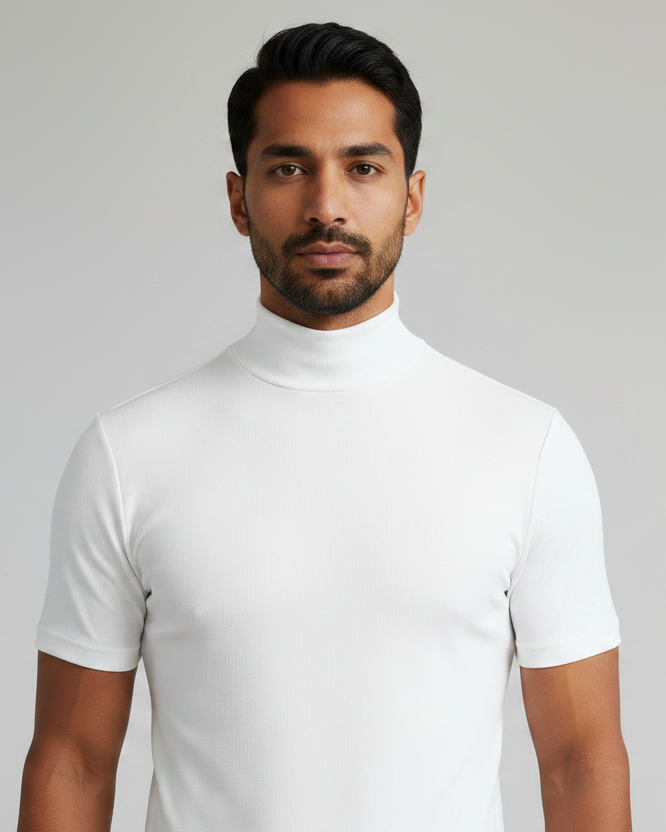 Men’s roll-neck shirt in white with slim fit, comfortable and versatile for office or casual stylish outfits.