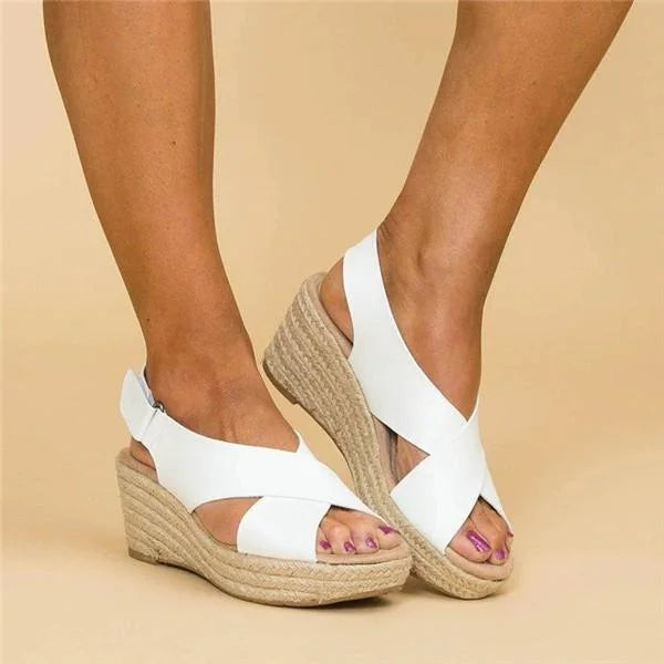 Women’s orthopaedic wedge espadrilles in white with cushioned footbed, stylish and supportive for everyday wear.1