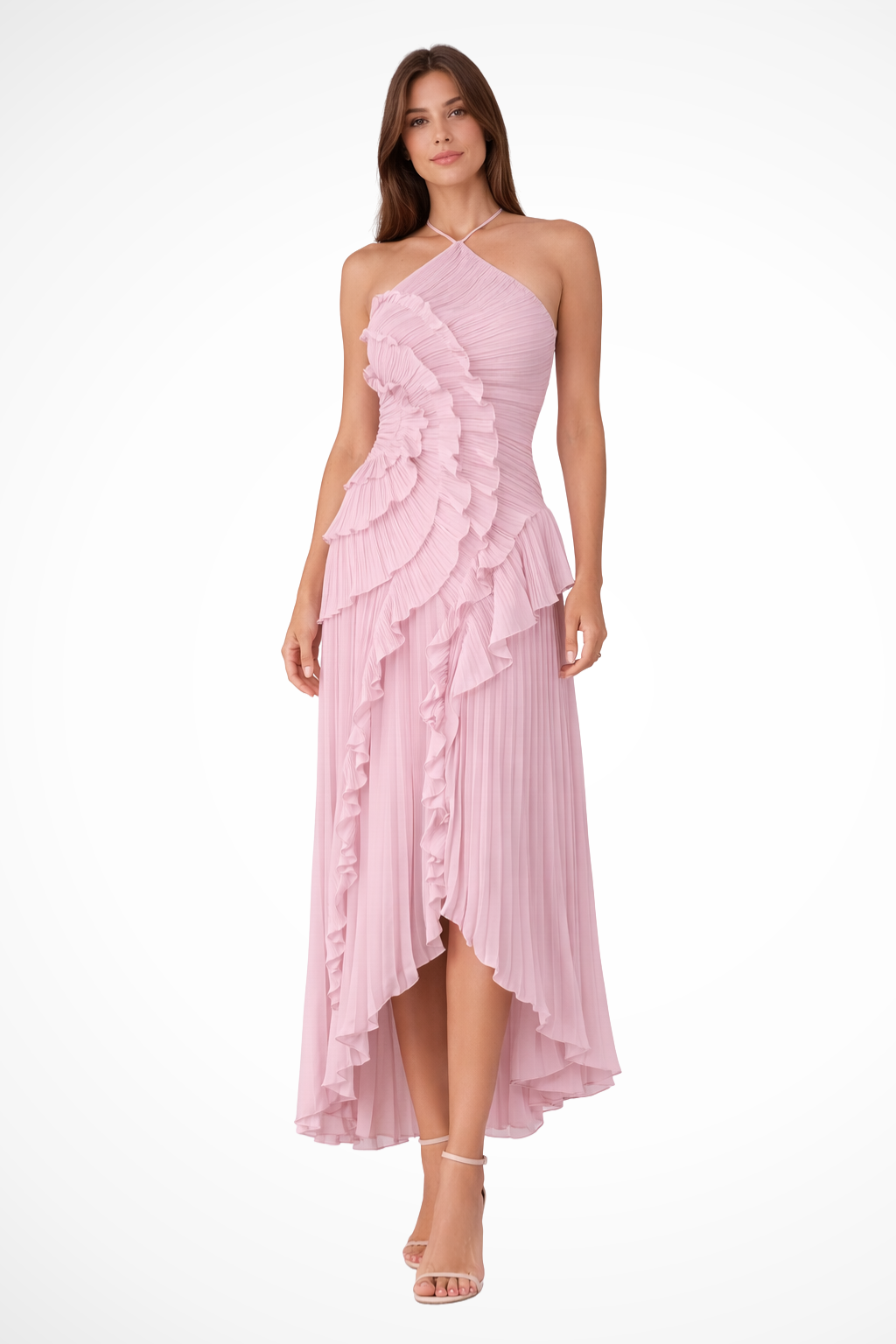 Pink one-shoulder dress with ruffled details on a white background