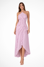 Woman wearing a pink one-shoulder dress on a white background