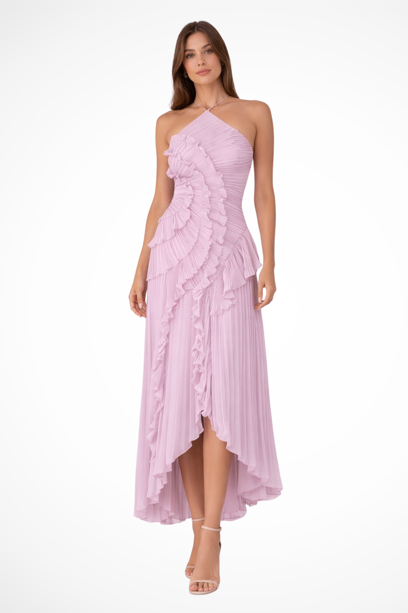 Woman wearing a pink one-shoulder dress on a white background