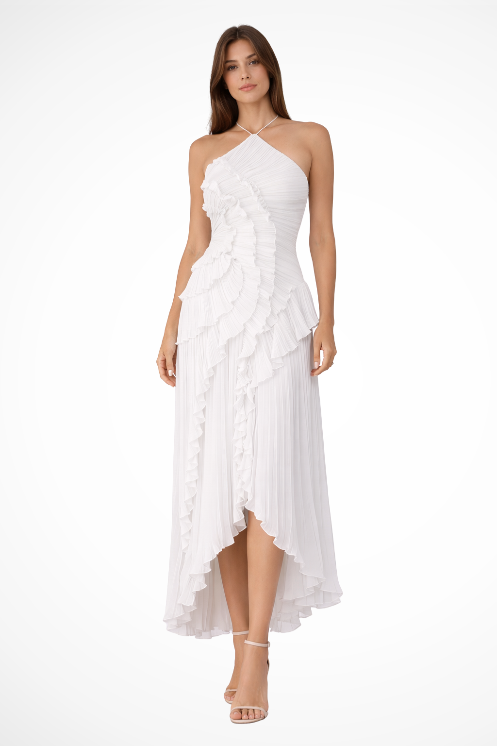 White one-shoulder dress worn by a model on a white background
