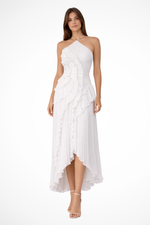 White one-shoulder dress worn by a model on a white background