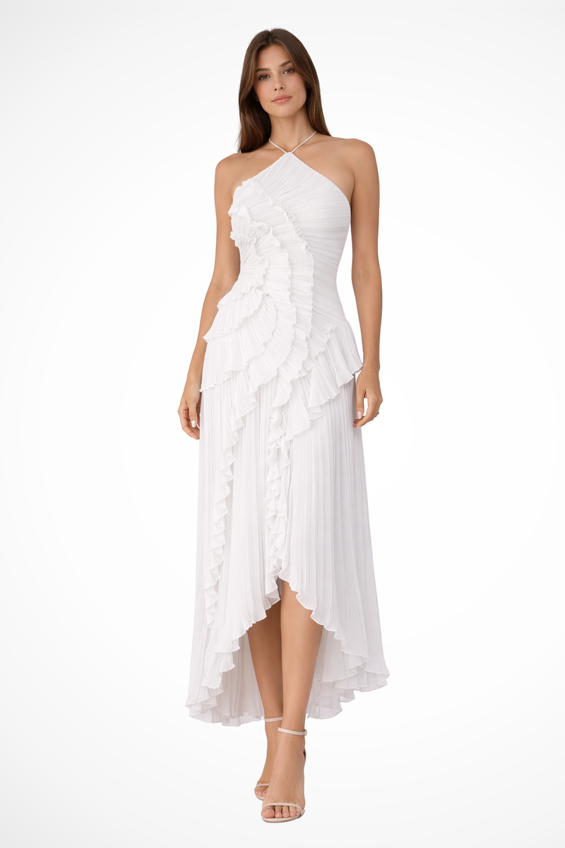 White one-shoulder dress worn by a model on a white background