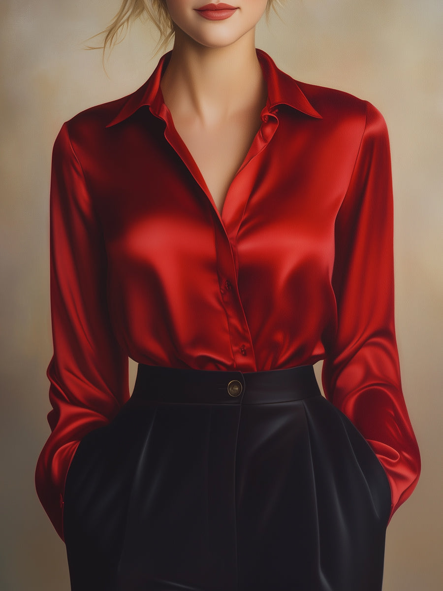 Red satin shirt worn by a person on a neutral background