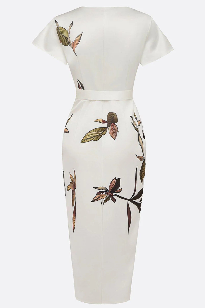 White dress with floral patterns on a white background