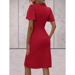 Women’s wrap dress in red with V-neck and flowing sleeves, stylish and comfortable for dinners, parties, and formal occasions.1