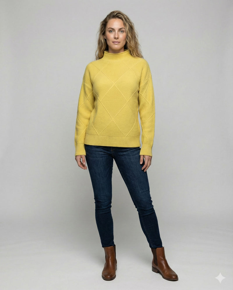 Women’s soft turtleneck sweater in yellow, warm and comfortable, stylish for casual and elegant winter outfits.