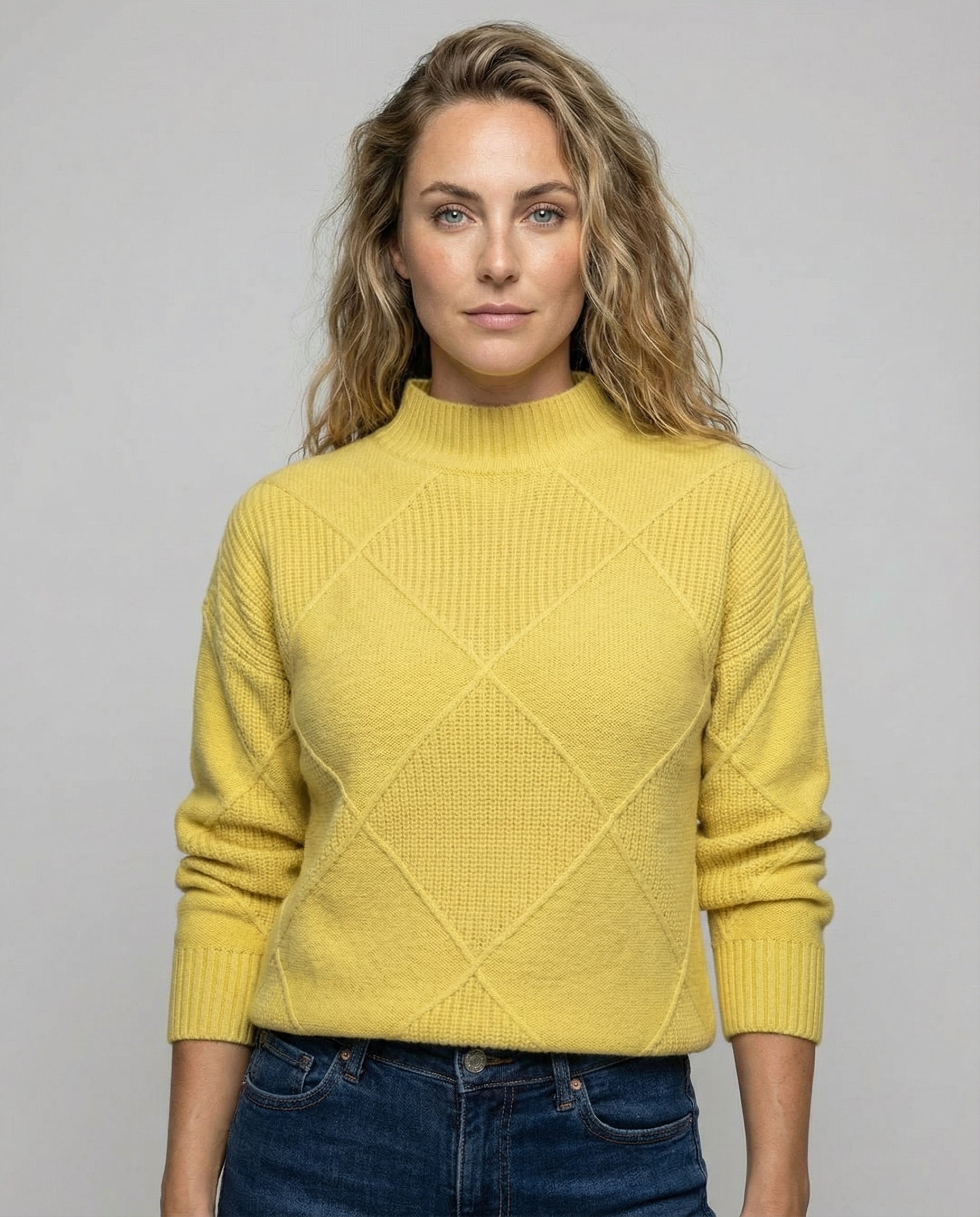 Women’s soft turtleneck sweater in yellow, warm and comfortable, stylish for casual and elegant winter outfits.