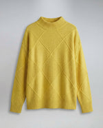 Women’s soft turtleneck sweater in yellow, warm and comfortable, stylish for casual and elegant winter outfits.