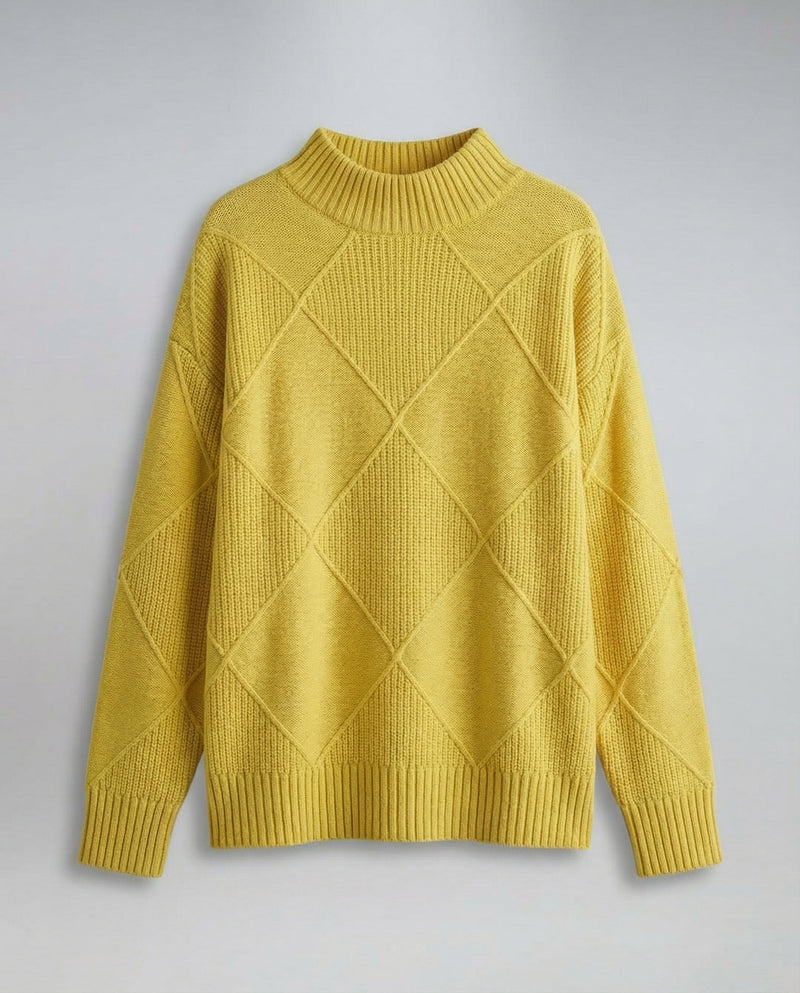 Women’s soft turtleneck sweater in yellow, warm and comfortable, stylish for casual and elegant winter outfits.
