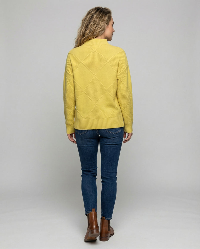 Women’s soft turtleneck sweater in yellow, warm and comfortable, stylish for casual and elegant winter outfits.