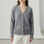 Gray cardigan with gold buttons worn by a person on a white background