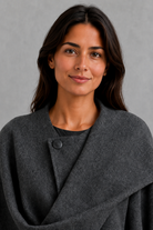 Women’s Lucille longline cape coat with an elegant relaxed silhouette and built-in scarf for cosy autumn and winter layering.