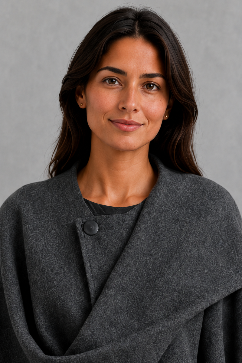 Women’s Lucille longline cape coat with an elegant relaxed silhouette and built-in scarf for cosy autumn and winter layering.