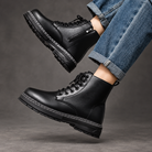 Men’s Lace-Up Combat Ankle Boots – Side Zip Chunky Sole Casual Shoes – Black – on-foot side zip view