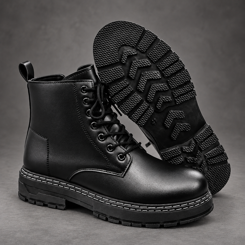 Men’s Lace-Up Combat Ankle Boots – Side Zip Chunky Sole Casual Shoes – Black – side and sole view